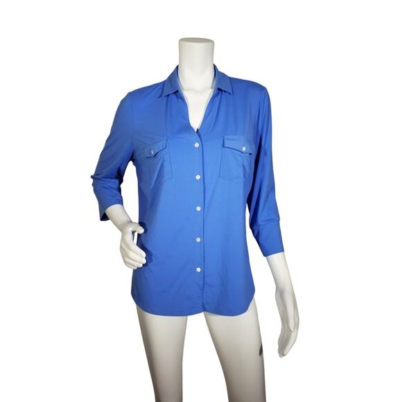 J McLaughlin Womens Sz XL Brynn 3/4 Sleeve Point Collar Pocket Blue Top Pullover - Picture 1 of 6